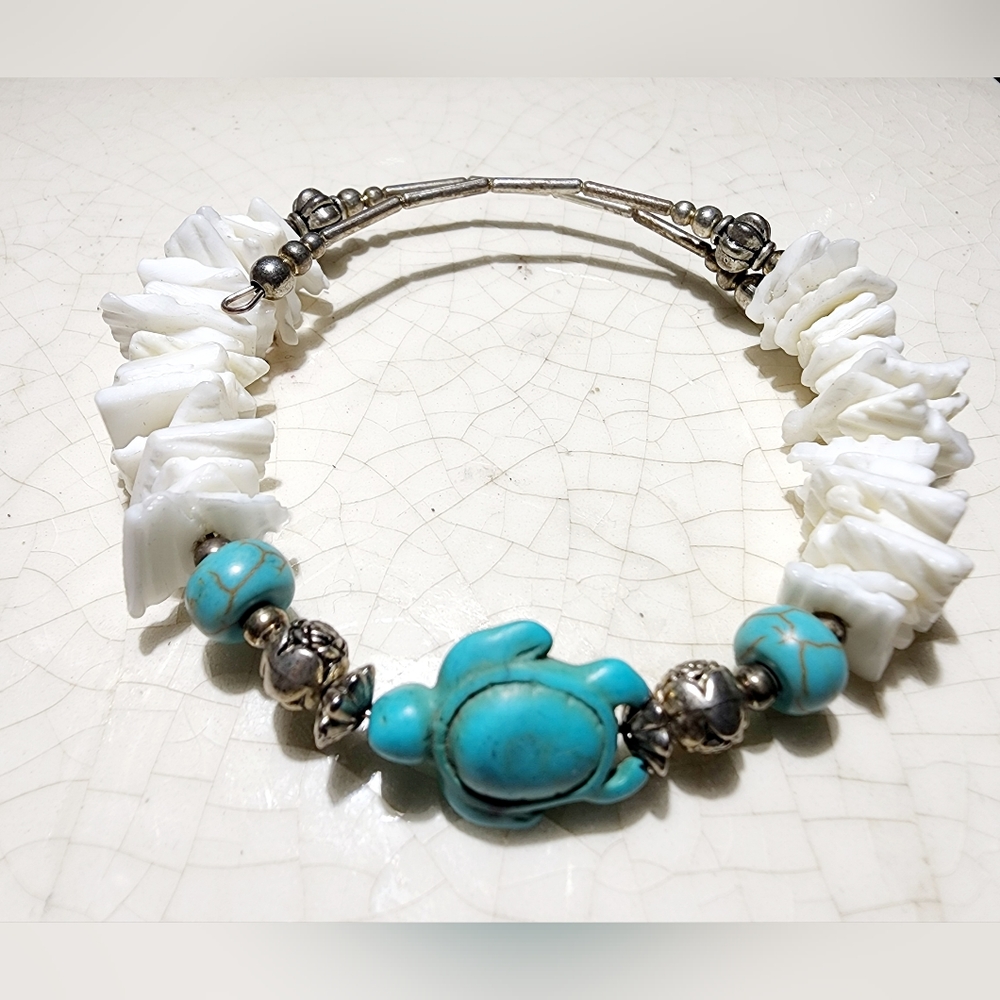 OOAK Beautiful coastal clean turquoise turtle white shell wire wrapped bracelet